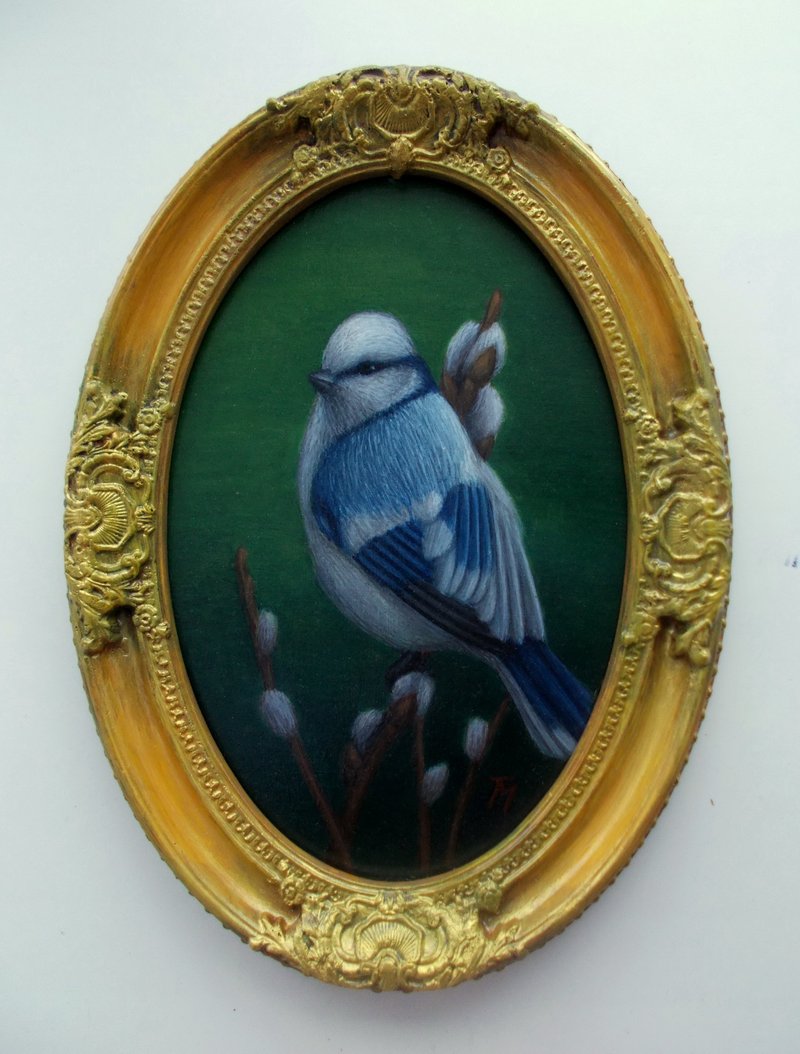 Tit bird painting in frame Gift idea Oval wall art Ready to hang - Wall Décor - Other Materials Multicolor