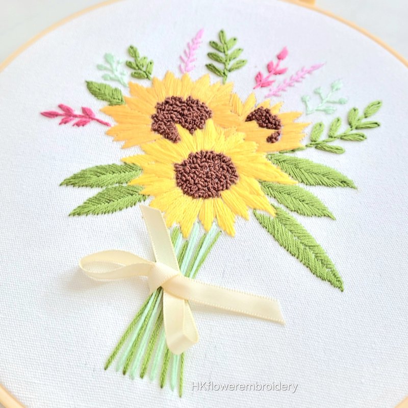 (DIY KIT)Sunflower Embroidery Hoop Handmade Gift Birthday Anniversary - Knitting, Embroidery, Felted Wool & Sewing - Thread White