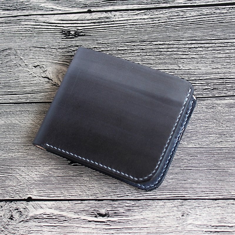 Rugao Black Gradation Dyeing Handmade Leather First layer Vegetable tanned leather Wallet Short clip Money cloth Wallet Wallet Exchange gift Wedding gift Valentine gift - กระเป๋าสตางค์ - หนังแท้ สีดำ