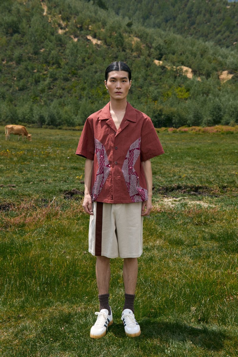 正絹拼接短袖襯衫 - 男襯衫/休閒襯衫 - 絲．絹 