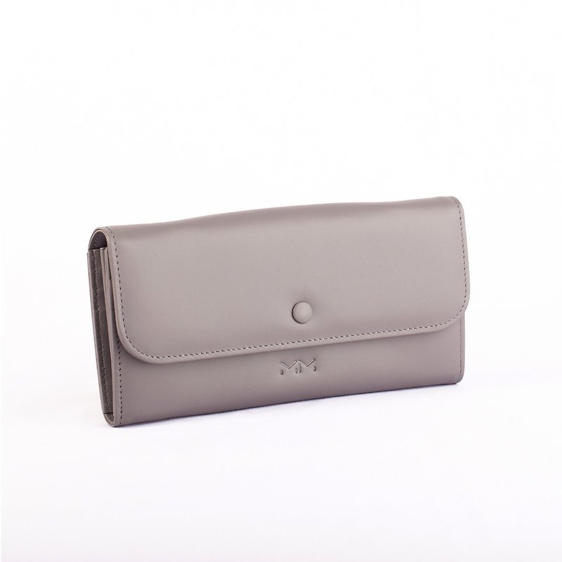Lily.- Leather long wallet with crossbody strap in Cloudy gray - 長短皮夾/錢包 - 真皮 灰色