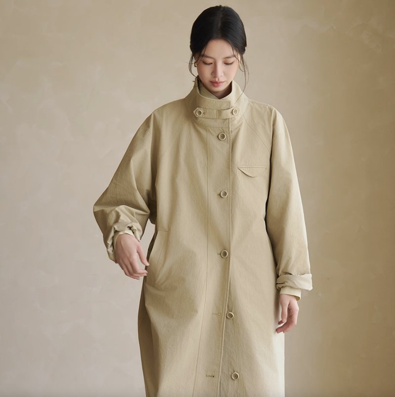 鹽縮防水工藝 中長款風衣外套 - 女大衣/外套 - 其他材質 卡其色