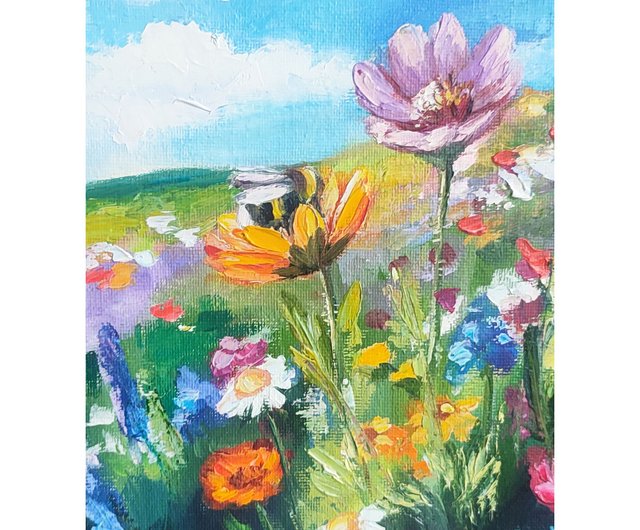 草原の花 オリジナル油絵 キャンバス厚塗り 20x20cm モダンな