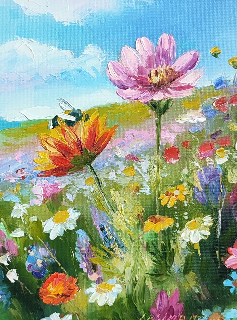 Wildflower Oil Painting Flower Meadow Small Art  Bee Artwork Landscape Painting - 壁貼/牆壁裝飾 - 其他材質 綠色