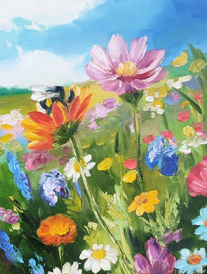 Wildflower Oil Painting Flower Meadow Small Art  Bee Artwork Landscape Painting - 壁貼/牆壁裝飾 - 其他材質 綠色