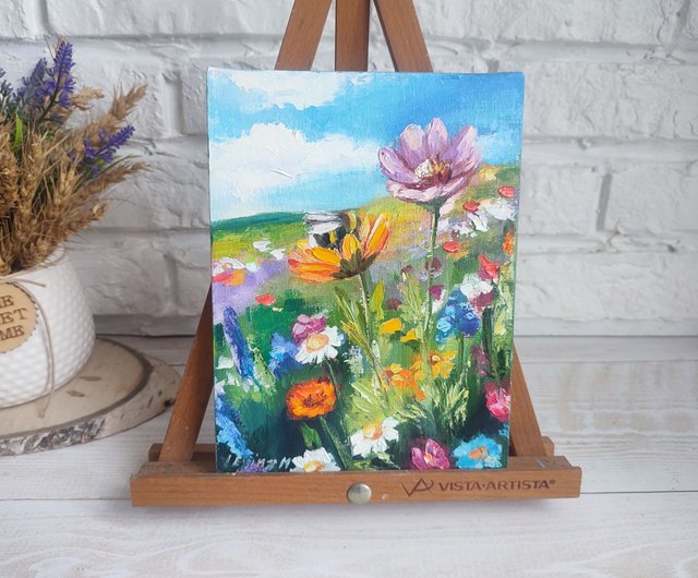 野の花の油絵 花の草原 小さなアート 蜂のアートワーク 風景画
