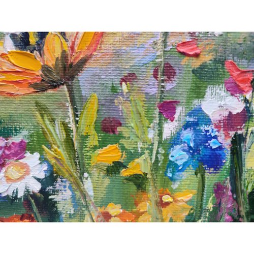 絵画 油絵 原画 花 カラフル ポップ てんとう虫 蜂 アート