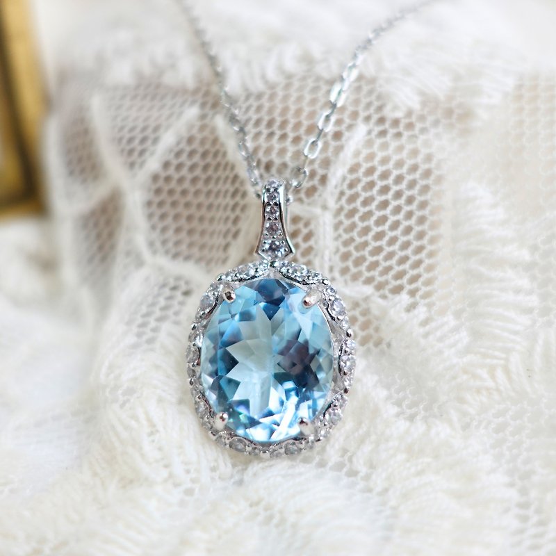 5 carat natural Stone azure sky blue crystal clean rattan design sterling silver necklace gift - Necklaces - Sterling Silver Blue