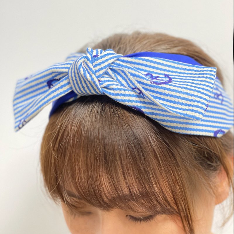 Anchor Navy Twist Bow Headband - ที่คาดผม - ผ้าฝ้าย/ผ้าลินิน สีน้ำเงิน