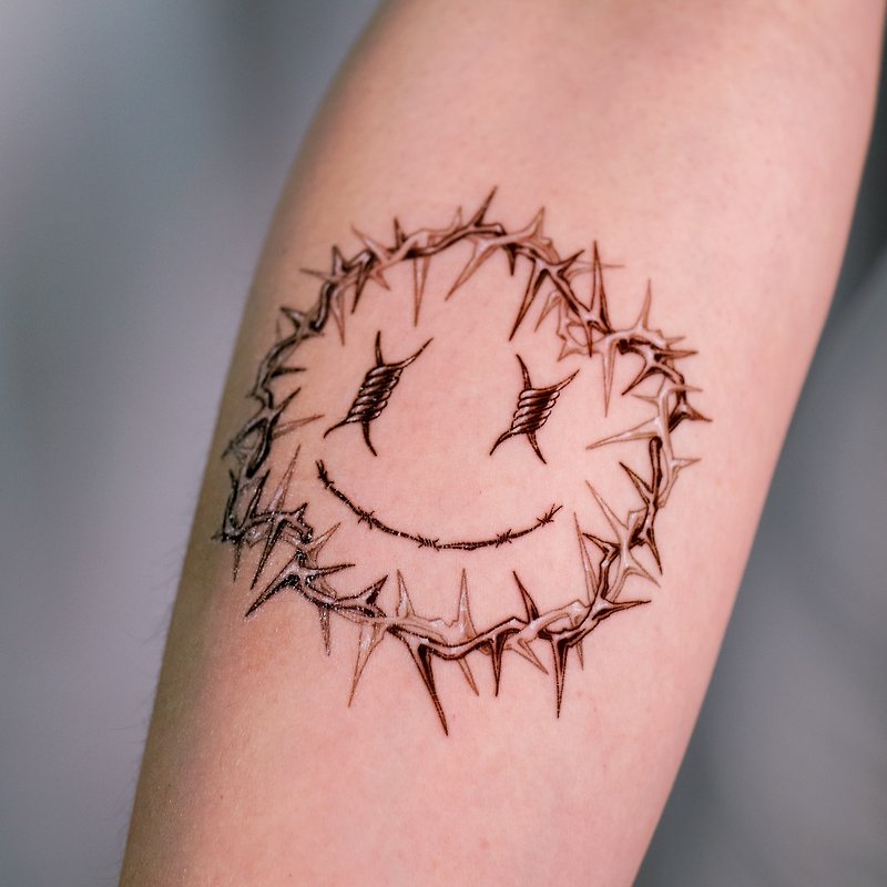 Barbed Wire Spiked Thorn Smiley Face Temporary Tattoo Stickers Black Grey HK MIT - สติ๊กเกอร์แทททู - กระดาษ สีดำ