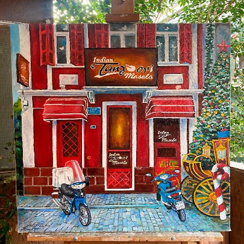 Mariarty1211 Indian restaurant in Greece, Athens red and white original huge oil painting, sc