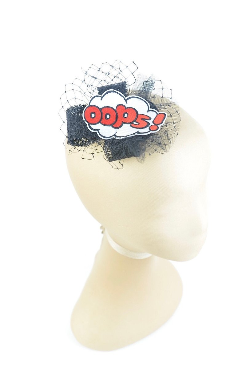 Headpiece Hair Clip Comics Oops! with Veil Mini Fascinator Geek Nerd Chic Fun - Hair Accessories - Other Materials Black