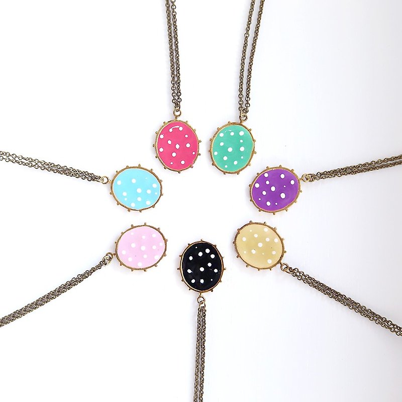Polka Dot Oval Charm Pendant, Polka Dot Oval Charm Necklace, Polka Dot Hand Painted Pendant - Necklaces - Other Metals 