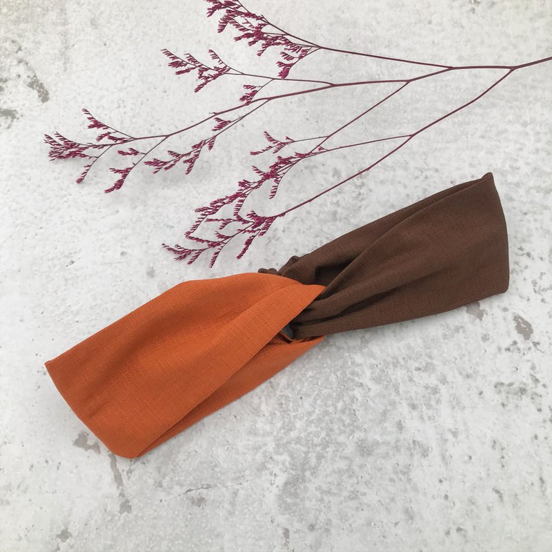 素色寬版交叉髮帶【橘咖】雙拼設計 - 髮箍/髮帶 - 棉．麻 多色