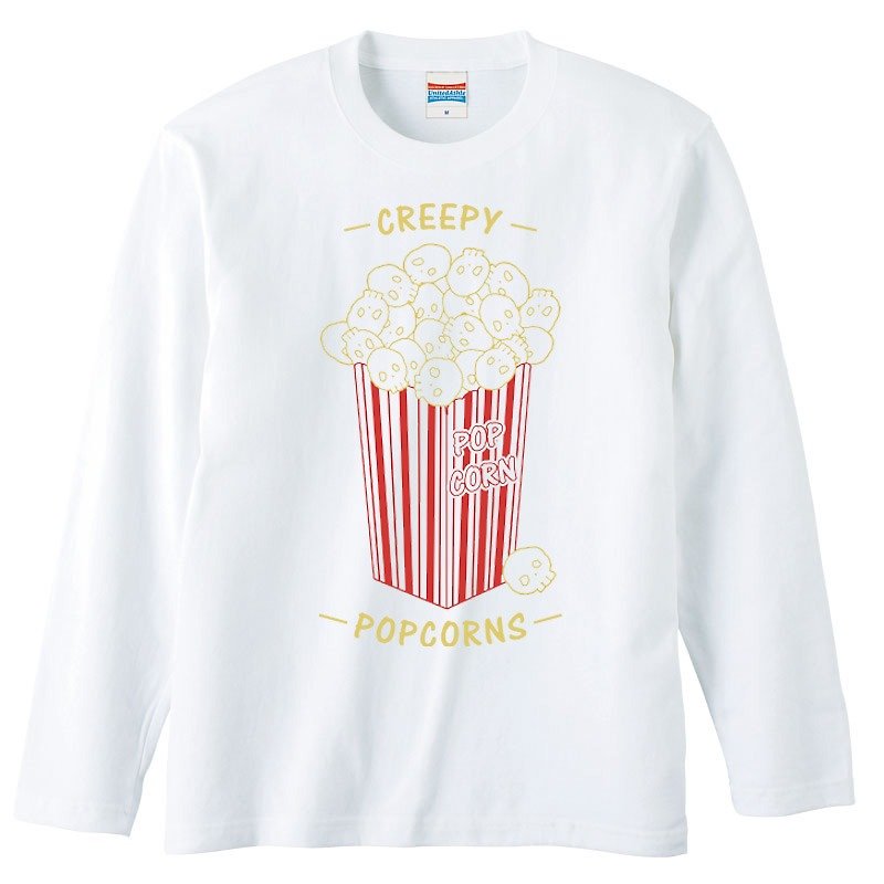 Long Sleeve T-shirt / Creepy Popcorns - เสื้อยืดผู้ชาย - ผ้าฝ้าย/ผ้าลินิน ขาว