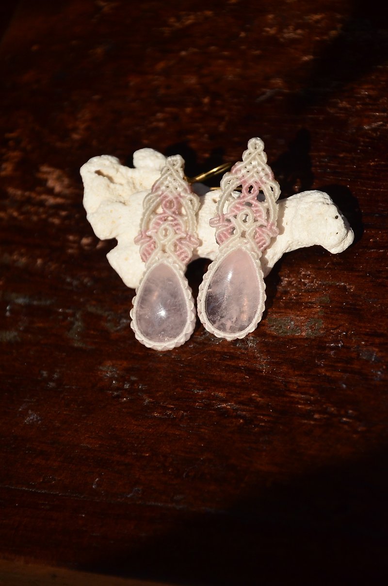 織途- 粉晶手制花邊編織垂墜耳環/ 項鍊 - 耳環/耳夾 - 寶石 粉紅色