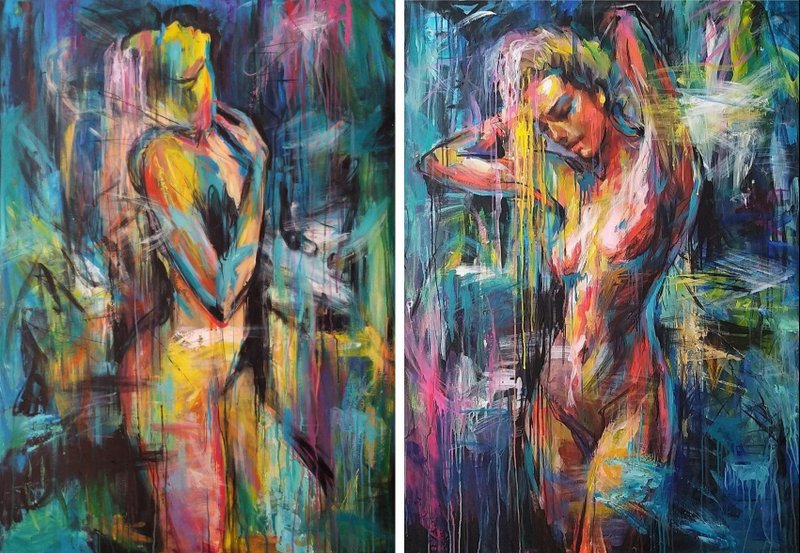 Large Bold Colorful Female Abstract Modern Wall Art Set Of 2 Canvas Art - 壁貼/牆壁裝飾 - 壓克力 多色