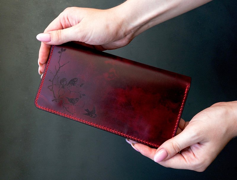 Custom Slim Mens Leather Wallet / Handcrafted Minimalist Cash Wallet for Men - 銀包 - 真皮 紅色