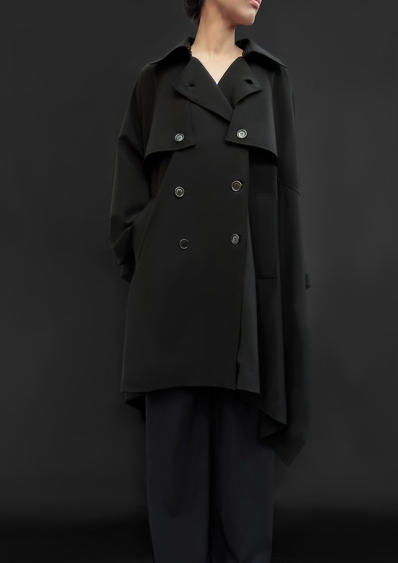 トレンチケープ / ウール100%/ 日本製 - 外套/大衣 - 羊毛 黑色