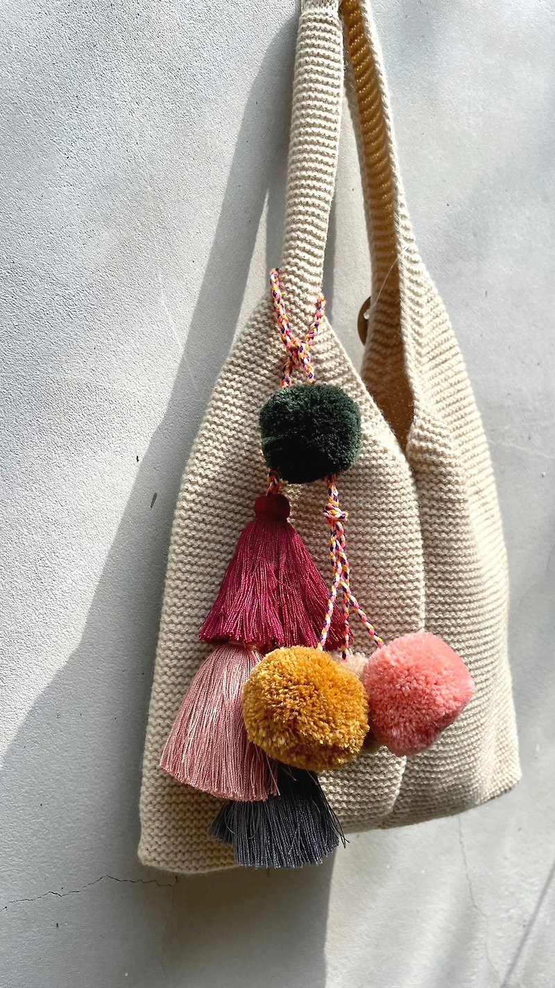 Hand-woven Pom Pom Tassel Bag/Home Decoration Hand-woven Pom Pom Tassel - Keychains - Cotton & Hemp Multicolor