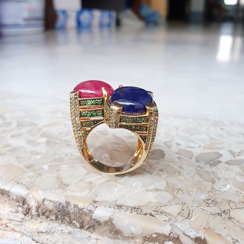 Silver ring antique design / ruby / blue sapphire / antique gold plated - General Rings - Gemstone 