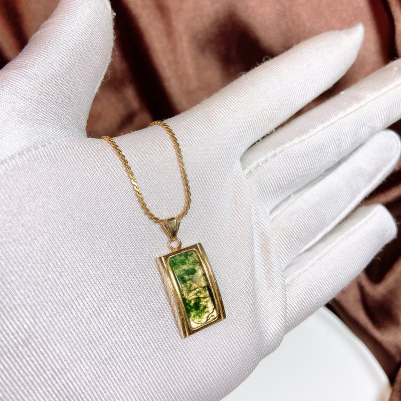 【西洋古董飾品】天然石水草瑪瑙維水晶質感k金唯美鑲框優雅 項鍊 - 項鍊 - 貴金屬 綠色