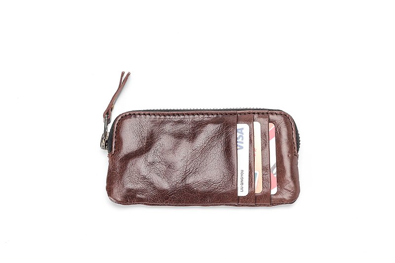 Simple handmade leather multi-purpose zipper purse / card bag / key case - Keychains - Genuine Leather Brown