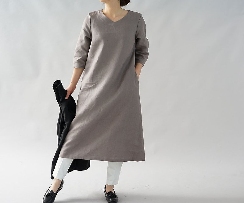 wafu  linen dress / midi length / 3/4 sleeve / Vanille  a032e-vay2 - One Piece Dresses - Cotton & Hemp Gray