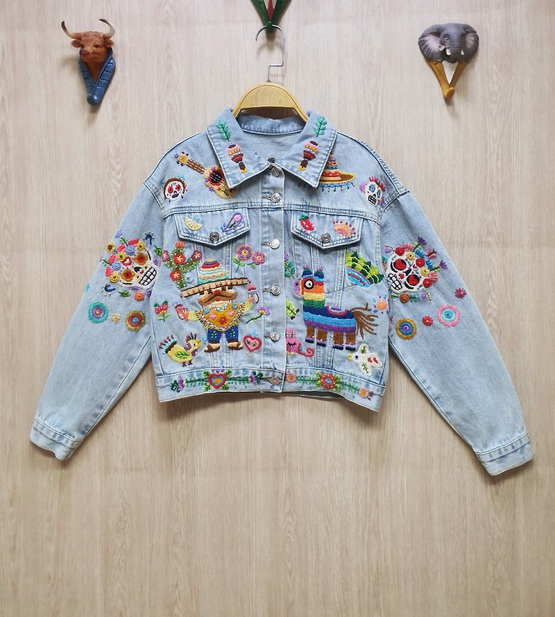 Hand Embroidery Jacket, Denim Fabric, Mexican, Mexico, Flower, Skull - Women's Casual & Functional Jackets - Thread Blue
