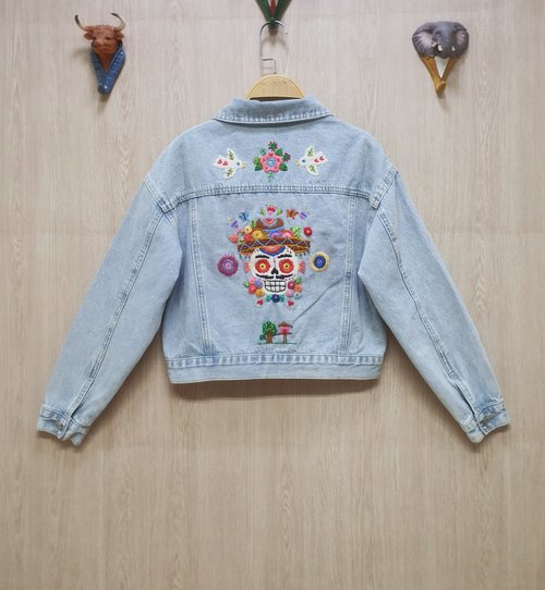 Mexican Floral Embroidered Jeans Jacket. Mexican Artisanal -  UK