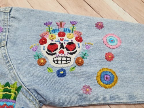 手刺繍ジャケット コットン生地 メキシカン メキシコ フラワー スカル