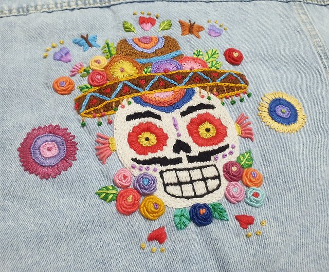 手刺繍ジャケット コットン生地 メキシカン メキシコ フラワー スカル