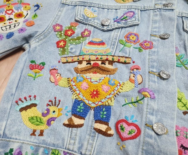 Mexican Floral Embroidered Jeans Jacket. Mexican Artisanal -  UK