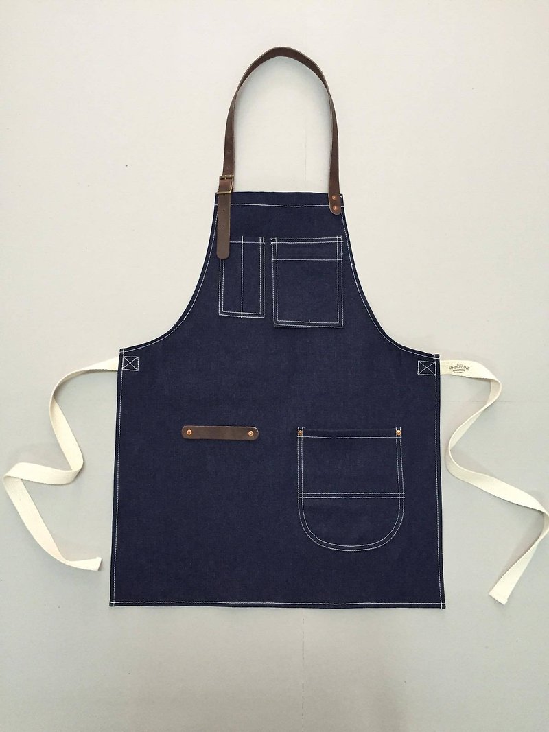 New Denim Apron no.04 Copper rivets one pockets Neck Leather/ barista / Handmade - 圍裙 - 棉．麻 藍色