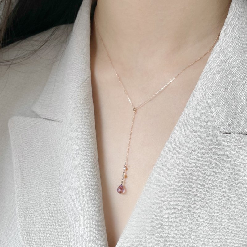 14K Handmade Tears Amethyst Pink Pearl Y-shaped Chain - สร้อยคอ - เครื่องประดับ 