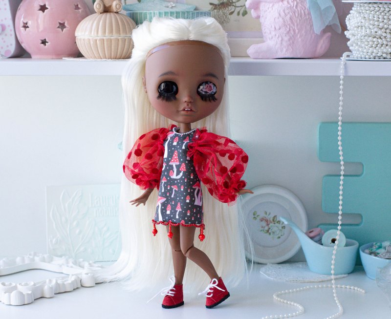 Dress for Doll Blythe Mushrooms Fly agaric clothes Outfit - ตุ๊กตา - ผ้าฝ้าย/ผ้าลินิน สีแดง