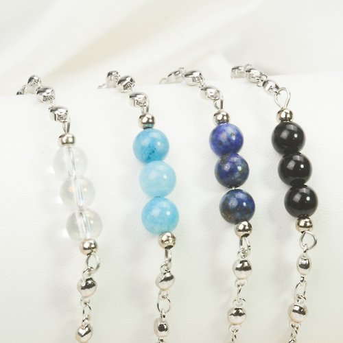 Sense Jewel Bracelet with 3 auspicious Stone, stainless steel chain, fashion pattern, round beads, enhancing auspiciousness.