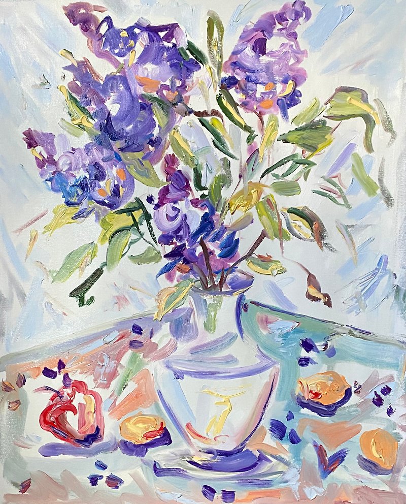 Lilac and fruits, 丁香花束畫, 油畫,  靜物 ,Flowers bouquet, apples and apricots, Fauvism