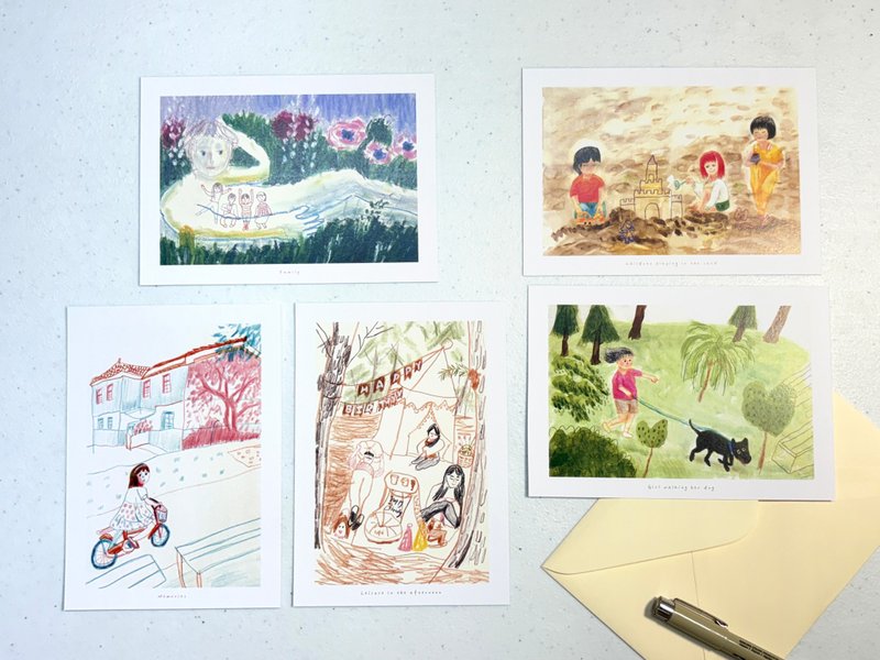 插畫明信片五入套組-家 - 心意卡/卡片 - 紙 