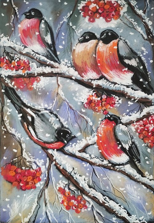 Nadinart Winter Birds bullfinches oil pastel art drawing Snowfall animal painting graphic