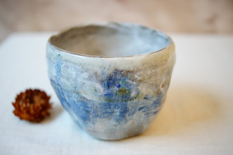 手捏粉引斑斕 日式茶杯 220 ml  陶杯 湯吞杯 主人杯 豬口杯 - 茶壺/茶杯/茶具 - 陶 藍色