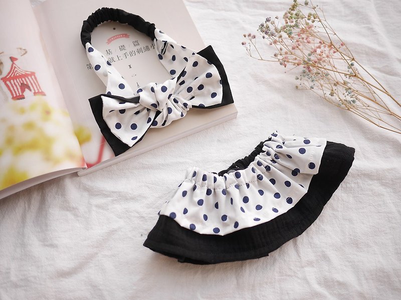 Double-layer lotus leaf bib + double-layer bow hairband Miyue gift box black and white dots - Baby Gift Sets - Cotton & Hemp Black