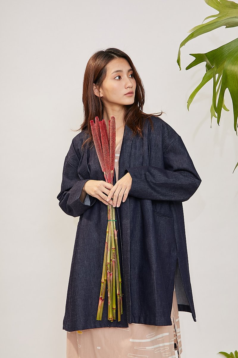 Kimono jacket_tannin_fair trade - เสื้อแจ็คเก็ต - ผ้าฝ้าย/ผ้าลินิน สีน้ำเงิน