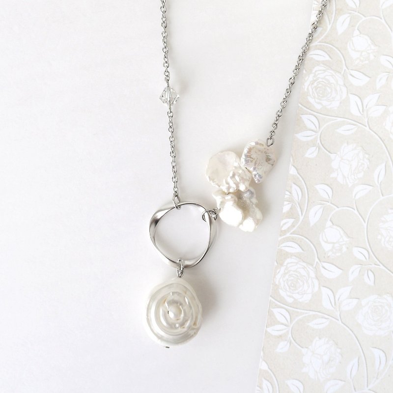 Unique Coin Button-Like Cultured Pearl Necklace on Stainless Steel Chain - Necklaces - Pearl White