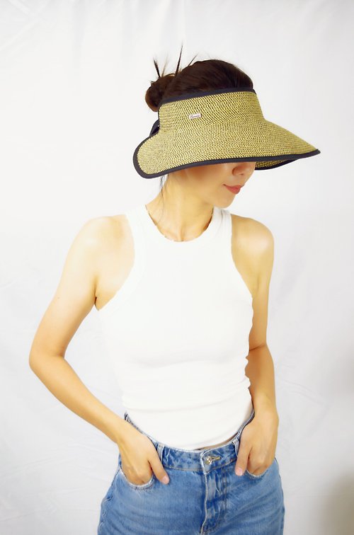 Bonnie編織工坊 典雅綁帶空心帽-自然+黑