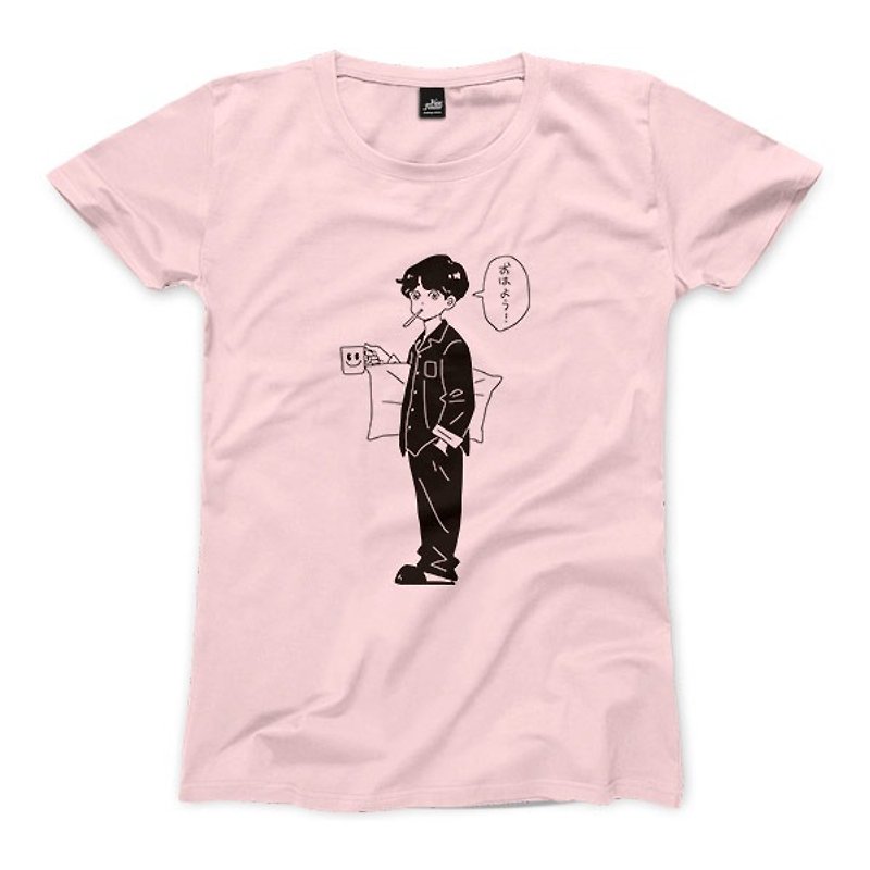 Good morning - pink - female version of T-shirt - เสื้อยืดผู้หญิง - ผ้าฝ้าย/ผ้าลินิน สึชมพู