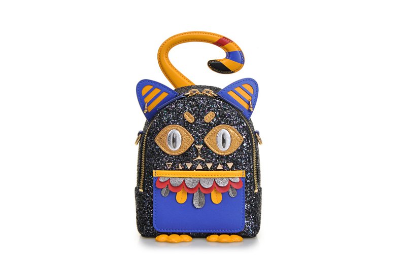 Little Mons織物鑲牛皮革背囊 - 後背包/背包/書包 - 真皮 藍色