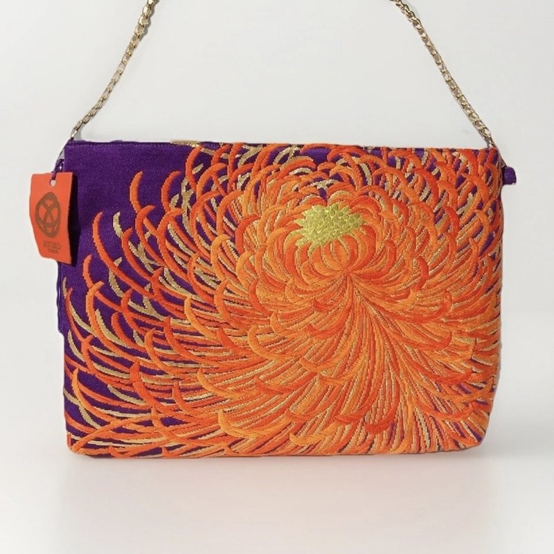 日本真絲和服袋帶肩背, 手工刺繡斜挎包, 環保再生時尚設計 - 側背包/斜背包 - 絲．絹 橘色