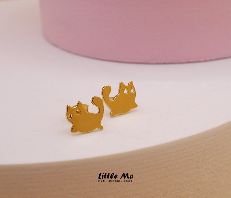 【กล่องของขวัญ】Handmade Little Cat Earring - 18K gold plated on brass