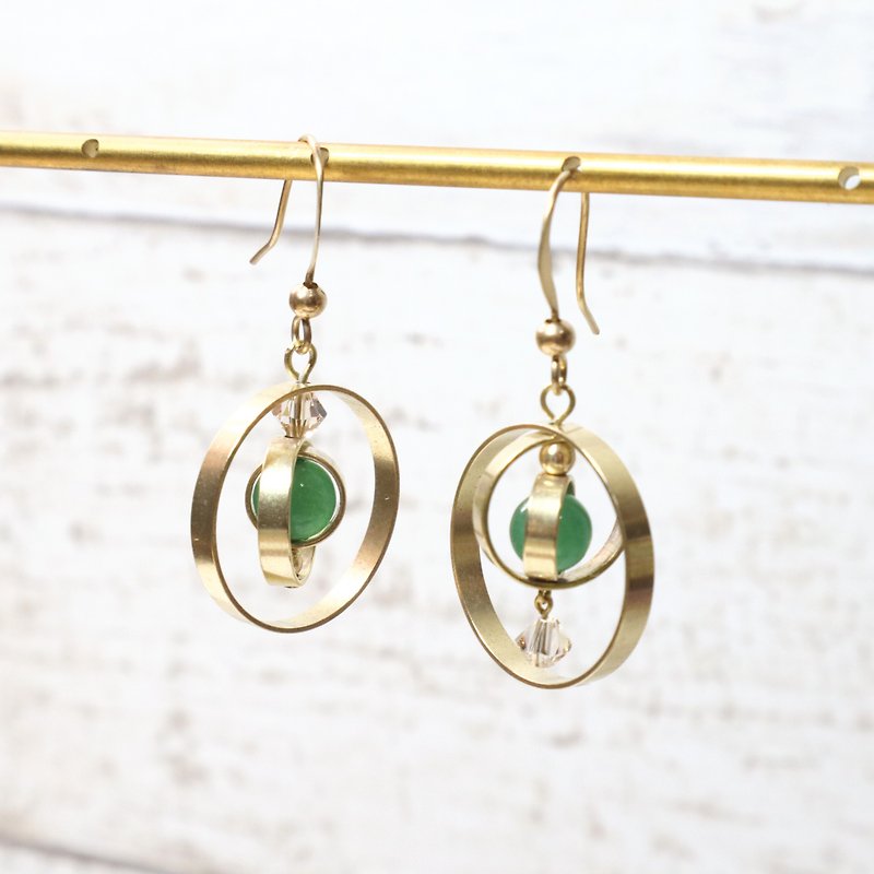 Globe Bronze DF jade earrings clip-on brass can change Tanabata gift customized - Earrings & Clip-ons - Copper & Brass Green